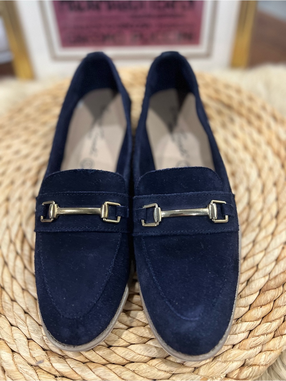 Navy Suede Loafers with Gold Bit Hardware